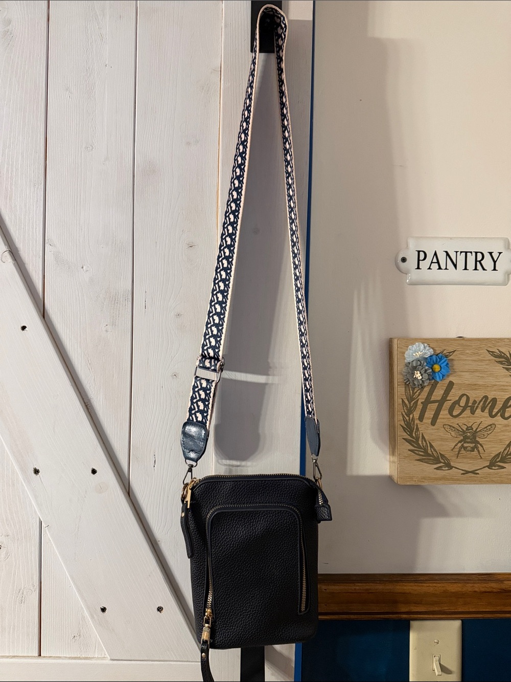 Dark Navy Pebbled Crossbody Bag with Patterned Strap